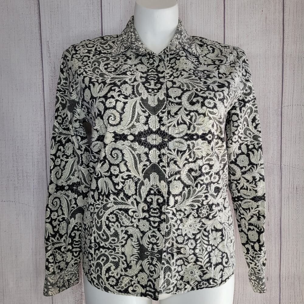 Panhandle Slim Womens Western Black White Mono Pearl Snap Button Down Shirt